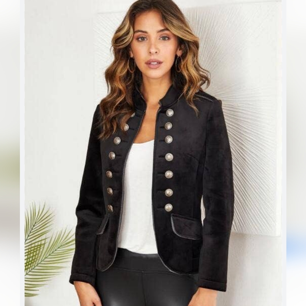Black faux suede military style brass button front open jacket. Size S/M
